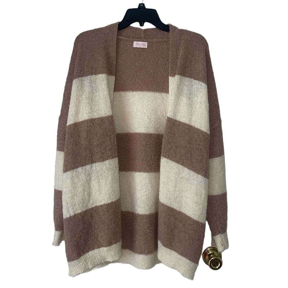 •PINK LILY•STRIPED MOCHA/IVORY OPEN FRONT SUPER SOFT KNIT CARDIGAN SWEATER LARGE